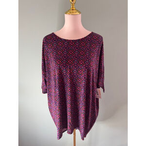 Women's LuLaRoe Irma Top Size L Purple Pink Patterned 3/4 Sleeve